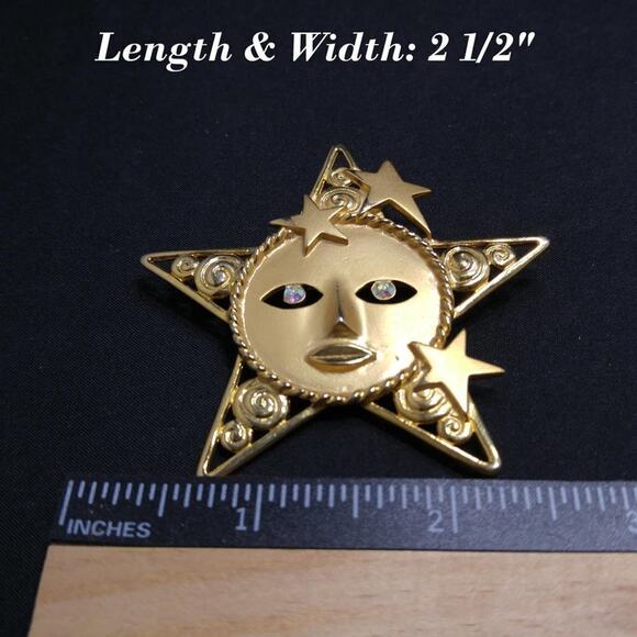 Vintage Five Pointed Star Face Brooch, Celestial Moon Pin, Signed JJ, 2 1/2 Inch - Picture 5 of 7